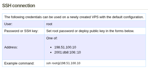 VPS addresses and the SSH connection command